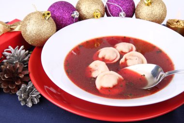 Red borscht with dumplings clipart