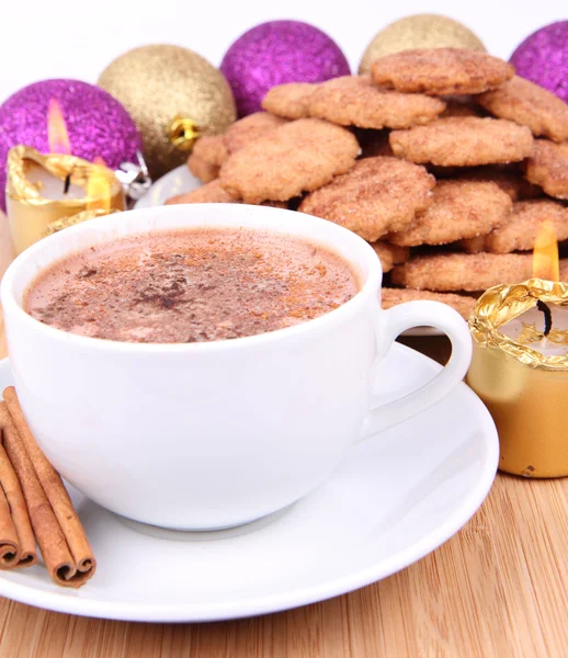 Cup Hot Chocolate Cinnamon Cinnamon Cookies Gold Candles Christmas Balls — Stock Photo, Image