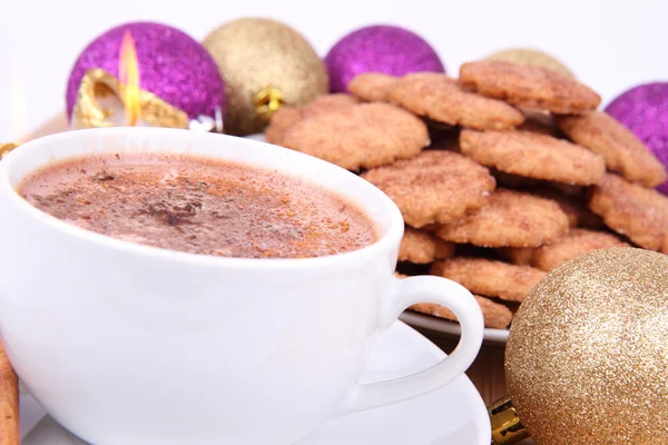 Cup Hot Chocolate Cinnamon Cinnamon Cookies Gold Candles Christmas Balls — Stock Photo, Image
