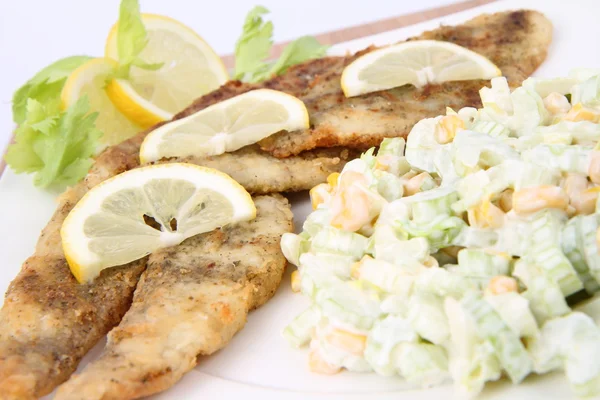 Peixe frito com salada lateral — Fotografia de Stock