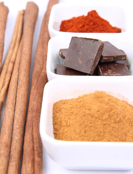 ホット チョコレートの原料 チョコレート 粉末シナモンと唐辛子とシナモンの棒の部分 — ストック写真
