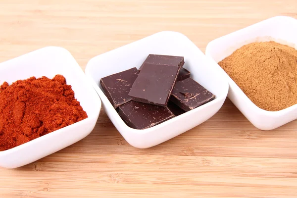Hot Chocolate Συστατικά Κομμάτια Σοκολάτας Κανέλας Και Σκόνη Τσίλι — Φωτογραφία Αρχείου