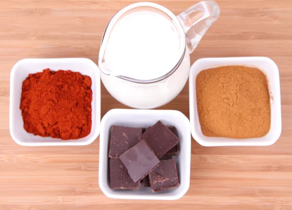 Leite, canela, chocolate e pimenta — Fotografia de Stock