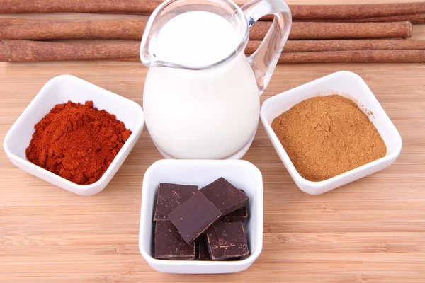 Latte, cannella, cioccolato e peperoncino — Foto Stock