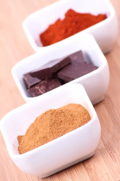Ingrédients Chocolat Chaud Morceaux Chocolat Cannelle Chili Poudre — Photo