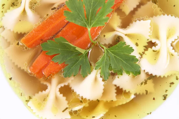 Sopa Pollo Con Pasta Farfalle Zanahorias Decoradas Con Perejil Plato — Foto de Stock