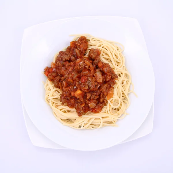 Spaghetti Bolognese Skylt Vit Bakgrund — Stockfoto