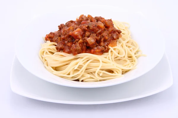 Spaghetti Bolognese Piatto Fondo Bianco — Foto Stock