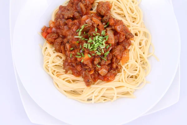 Spaghetti Bolognaise Sur Une Assiette Décorée Ciboulette — Photo