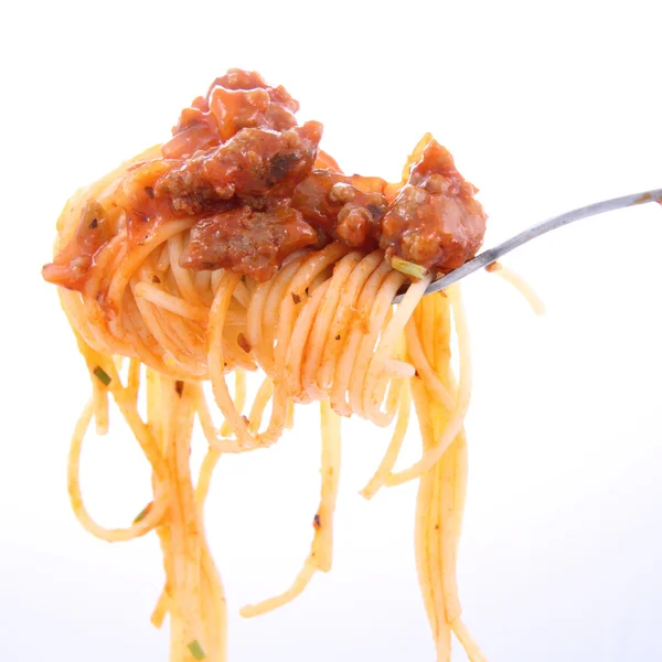 Bolonhesa de espaguete em um garfo — Fotografia de Stock