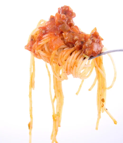 Espaguetis Con Salsa Boloñesa Colgando Tenedor —  Fotos de Stock