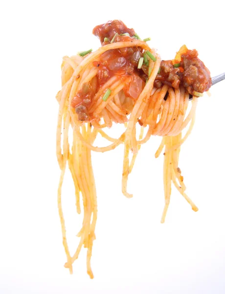 Espaguete Com Molho Bolonhesa Pendurado Garfo — Fotografia de Stock