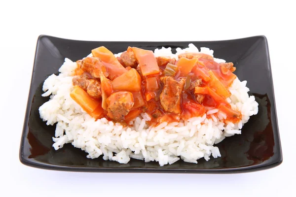 Chińskie Jedzenie Słodki Kwaśny Kurczaka Ryżem — Zdjęcie stockowe
