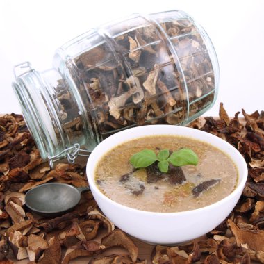 Mushroom soup and dried mushrooms clipart