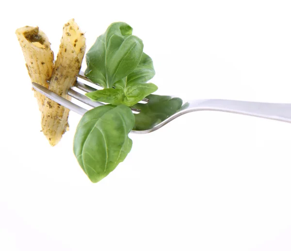 Penne with pesto on a fork — Stock Photo, Image