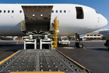 Loading platform of air freight to the aircraft clipart