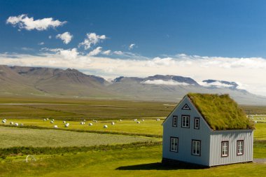 Old farm with mossy roof and typical icelandic landscape. clipart