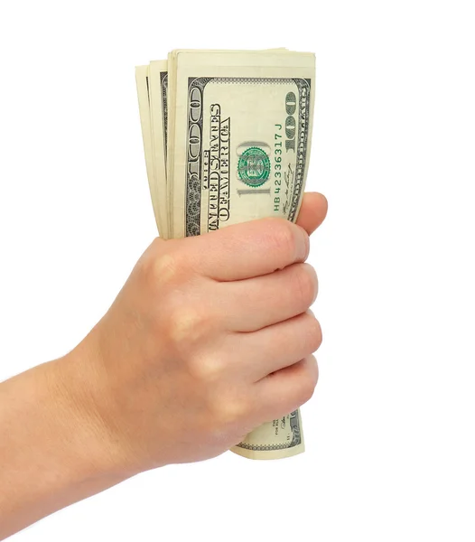 Komprimovaný svazek dolarů ženské ruky — Stock fotografie