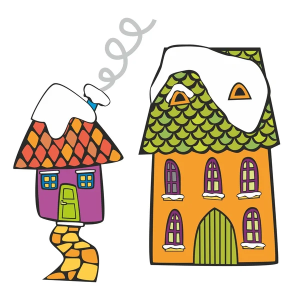 Ilustração de casas coloridas no tempo de inverno — Vetor de Stock