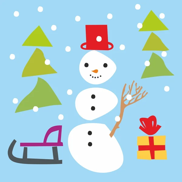 Isolato divertente pupazzo di neve e articoli natalizi — Vettoriale Stock