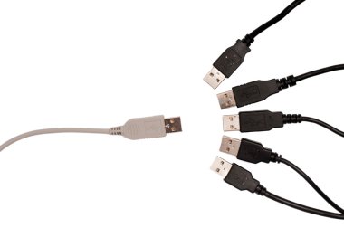 Grey usb cable facing five black usb cables clipart