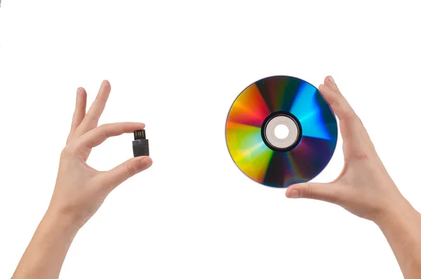 stock image Woman`s hands holding pendrive and disk