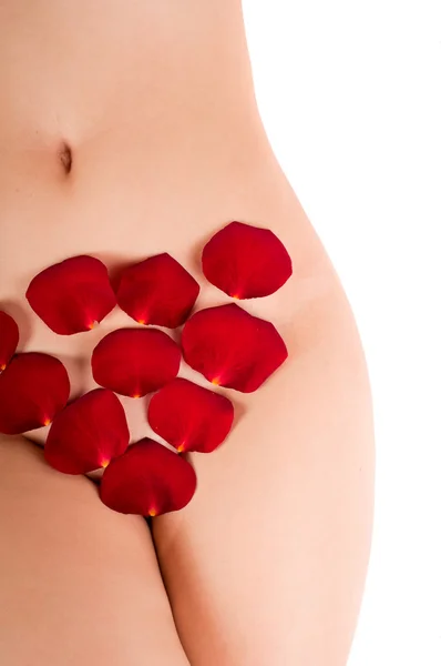 Része a gyönyörű meztelen női test, rózsákkal — Stock Fotó