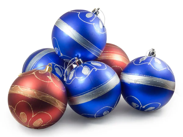 Seis Bolas Navidad Rojas Azules Aislado Sobre Fondo Blanco Con — Foto de Stock