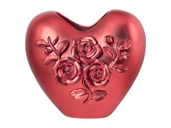 Jarrón rojo en forma de corazón decorado con tres rosas — Foto de Stock