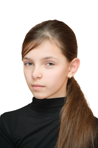Portrait Teenage Girl Looks Suspiciously Isolated White Background — Stock Photo, Image