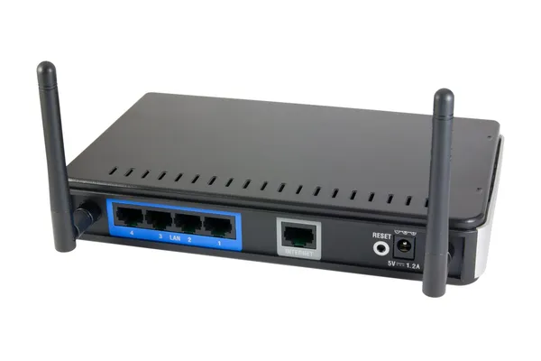 Router internet WiFi con quattro porte LAN e due antenne Immagine Stock