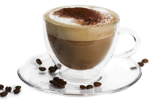 Stock image Cappuccino with cocoa powder and beans on white