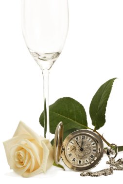 Creamy rose with a old pocket watch and a empty champagne glass clipart