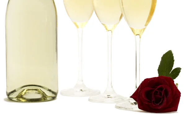 Natte rode roos vooraan de bodem van drie champagneglazen en een champag — Stockfoto