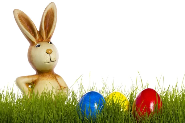 Conejo de Pascua detrás de la hierba con huevos de Pascua — Foto de Stock