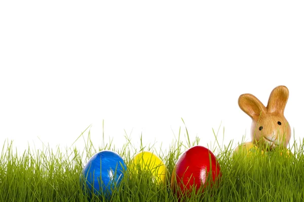 Pequeño Conejito Pascua Con Huevos Pascua Hierba Con Fondo Blanco —  Fotos de Stock