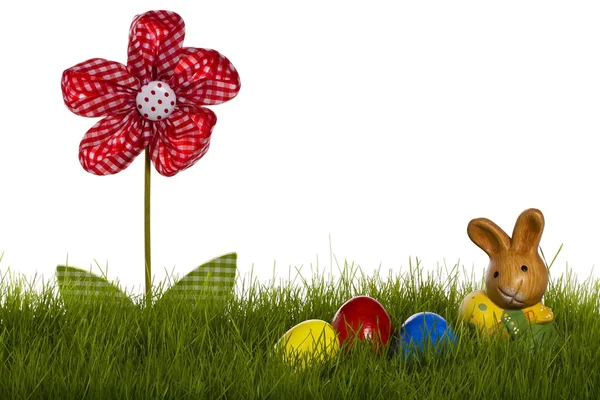 Pequeño conejito de Pascua con huevos de Pascua y flor de cortinas en la hierba —  Fotos de Stock