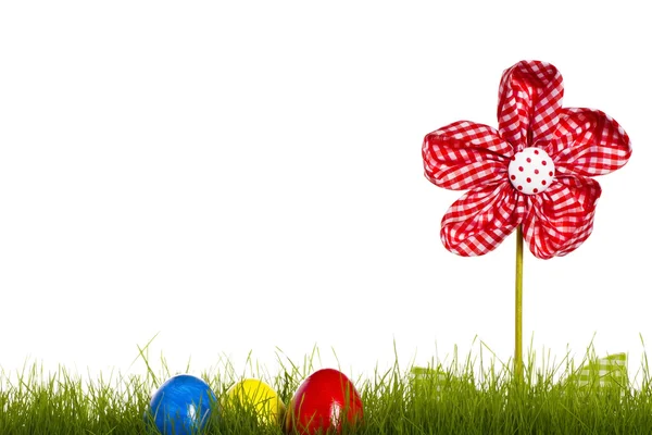 Huevos de Pascua en hierba con flor de cortina —  Fotos de Stock