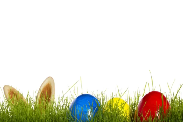 Three Easter Eggs Grass Ears Easter Bunny Background White — Stock Photo, Image