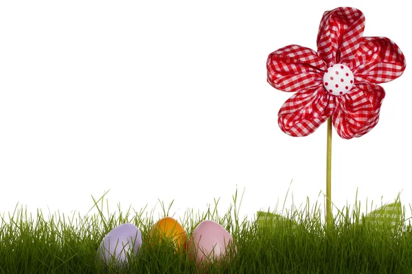 Tres huevos de Pascua pastel con flor de cortina —  Fotos de Stock