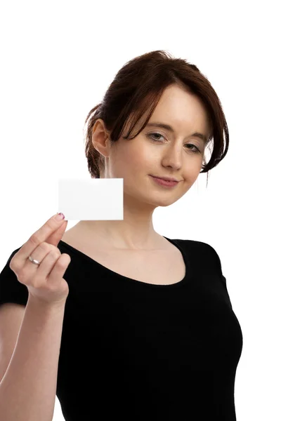 Young beautiful woman presenting business card — Stock Photo, Image
