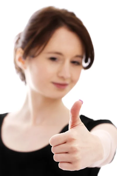 Young woman shows thumb up — Stock Photo, Image