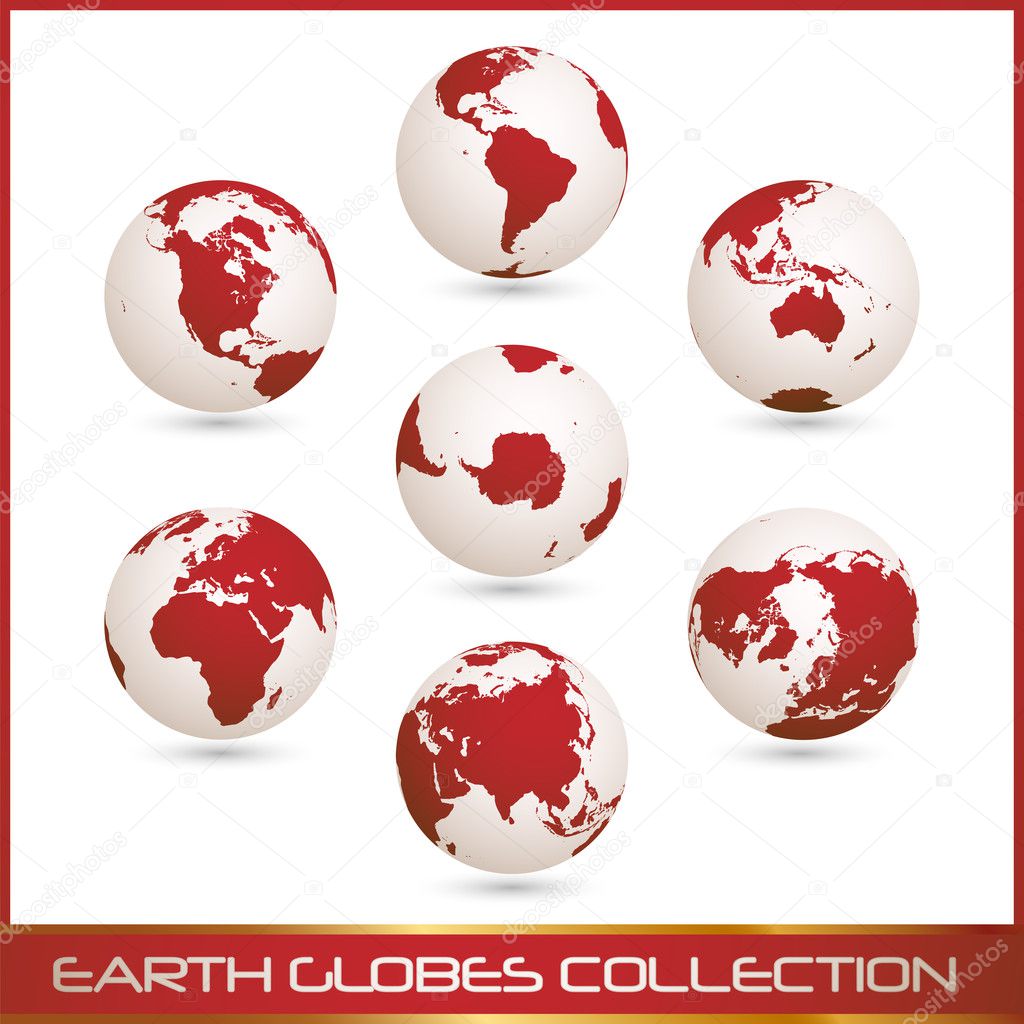 Collection of white- red earth globes isolated on white, vector illustration