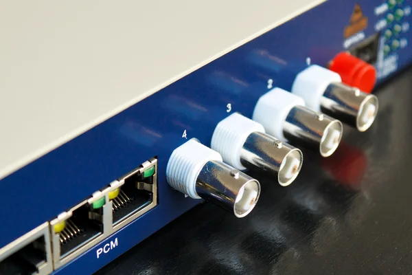 Fiber optic video converter with optical FC connectors and video BNC connec — Stock Photo, Image