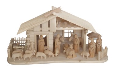 Nativity Scene made of wood, isolated clipart