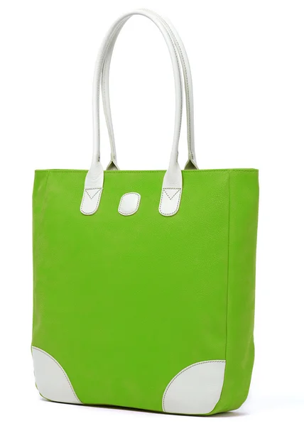 妇女的孤立的白色背景上绿色的书包。材料-皮肤. — 图库照片