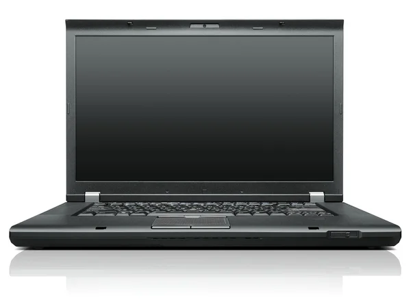 Ноутбук ізольований на білому чорному дисплеї - вид спереду — стокове фото