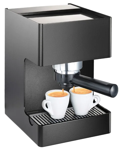 Máquina de café expreso vertiendo espresso en las tazas aisladas en whit —  Fotos de Stock