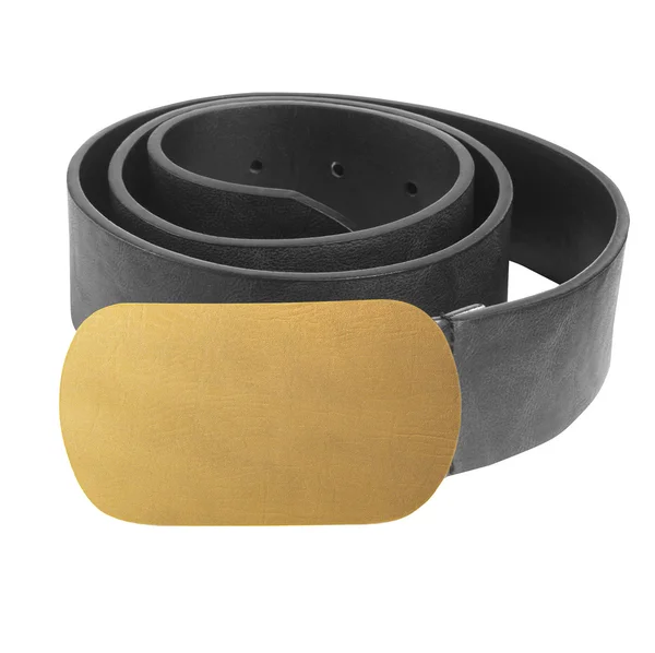 Cinturão de couro preto com fivela dourada Cast. isolado em ba branco — Fotografia de Stock