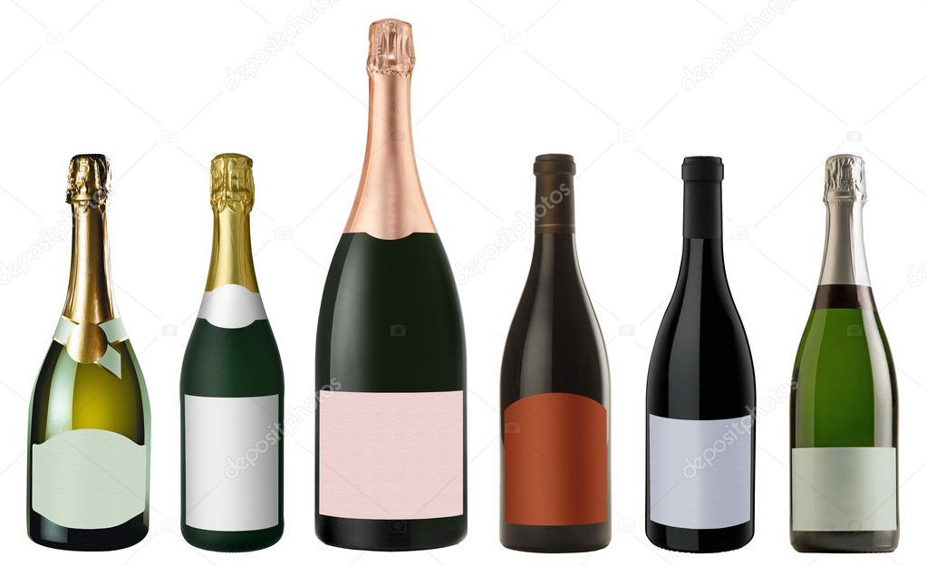Set of bottles red and white Champagne isolated on white background with clipping path. High Quality There is free space on label for logo or text.